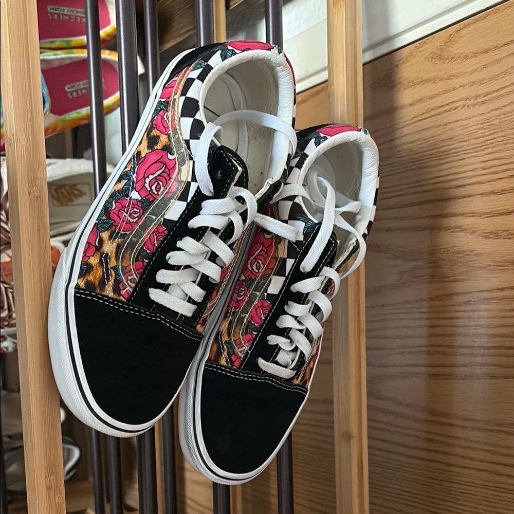 Vans Black and Floral Checkered Sneakers